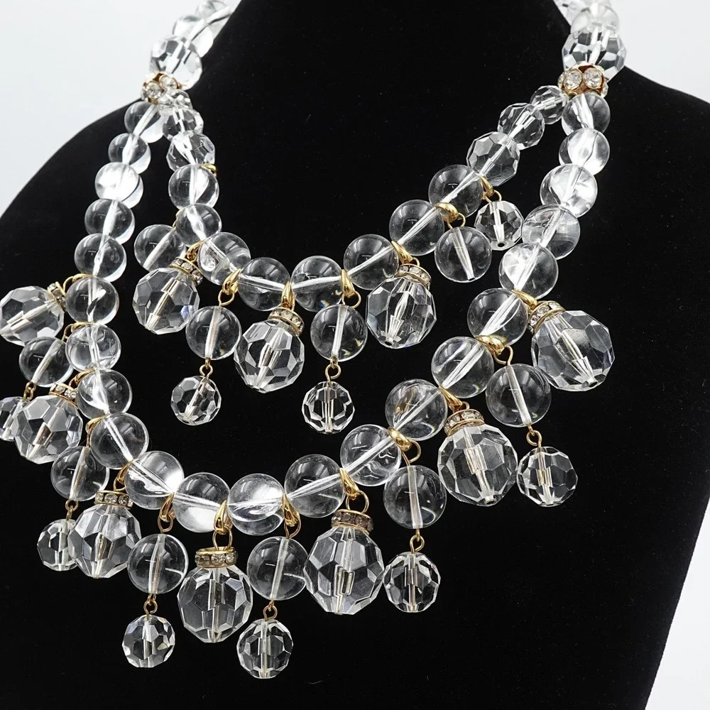 J Crew Clear Lucite Bead Bib Statement Necklace Chandelier Multi Strand Collar